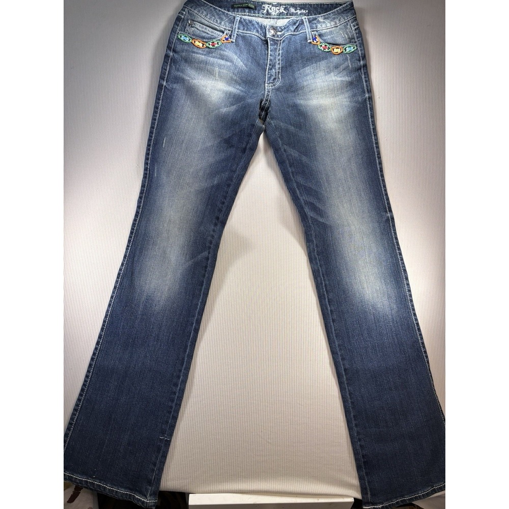 Wrangler Rock 47 Jeans Womens‎ 11/12X36 Bootcut Embellished Beaded Y2K Denim